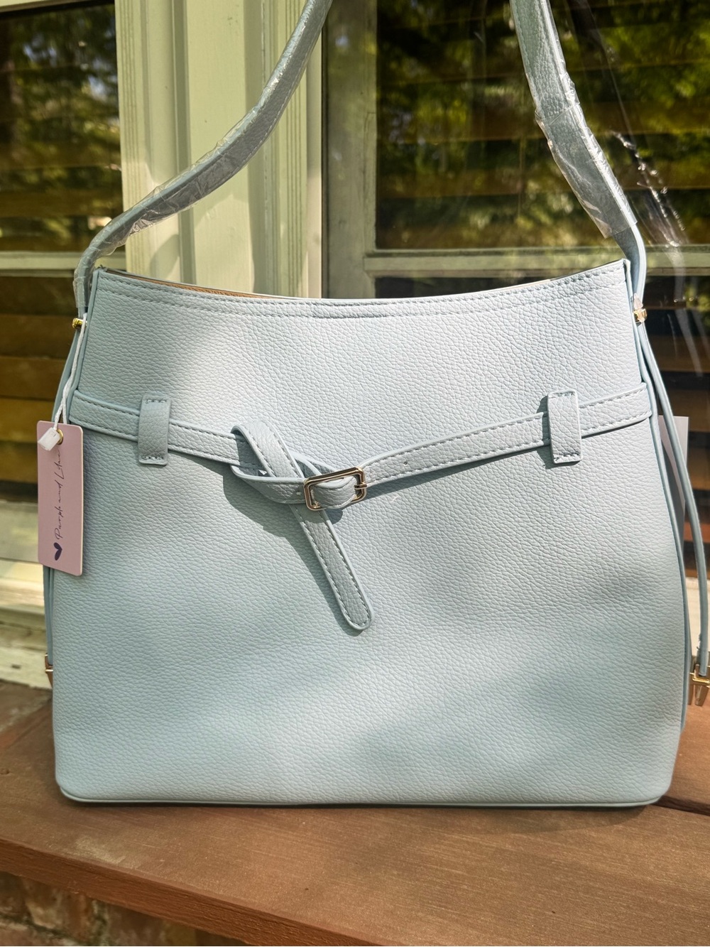 Ello Ice Blue Vegan Leather Bucket Shoulder Bag w/ Belt Detail & Pouch